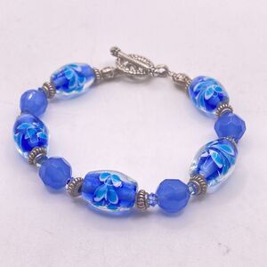 Blue Swirl Glass Art Beaded Bracelet Silver Tone Clasp 8.5” Boho Coastal